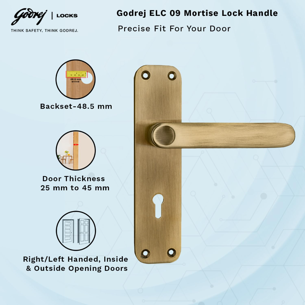 Godrej  Mortise Door Lock | Handle Set | ELC 09 | 6 Lever Locking Mechanism | Reversible Latch | For Home and Office  | for Wooden Doors | Antique Brass Finish | 5 Year Warranty